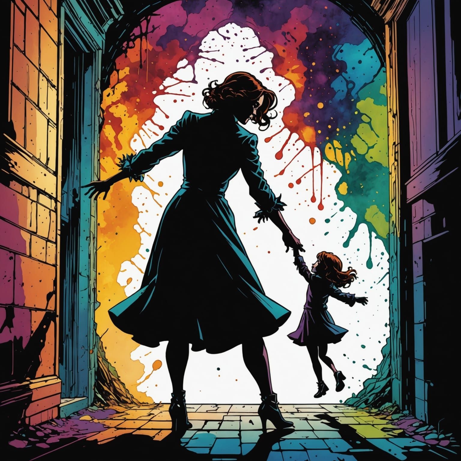 Shadow Hand Reaches for Woman in Alcohol Ink Style