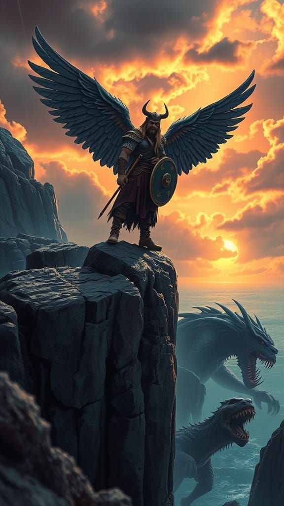 Epic Storm Lord: Winged Viking Warrior in Dramatic Sunset