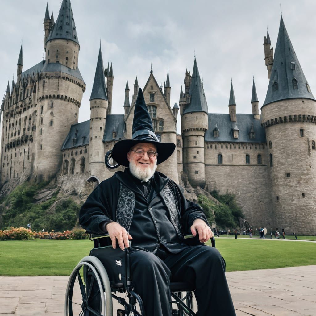 Wizard in Wheelchair at Hogwarts Castle