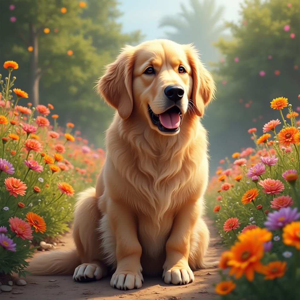 Golden Retriever in Sunny Garden: Hyperrealistic Portrait