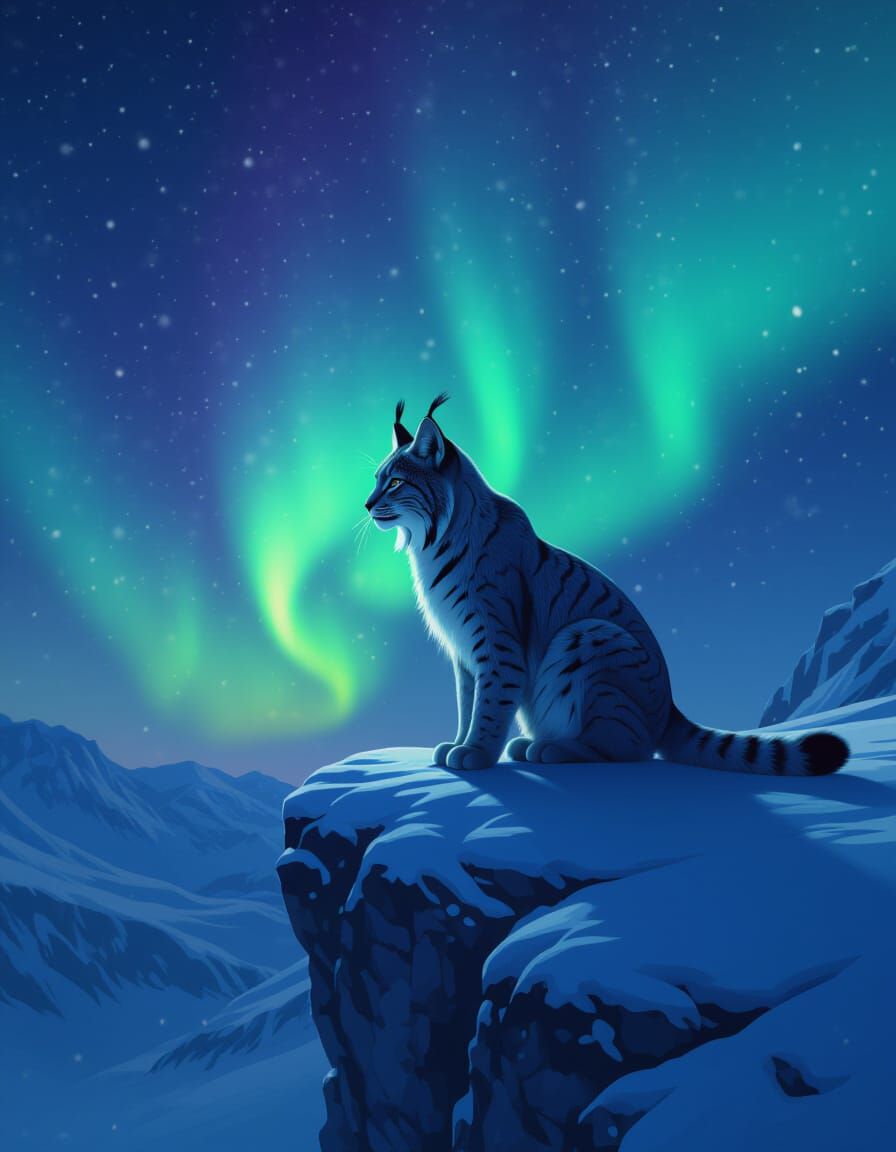 Lynx Silhouette Under Aurora on Snowy Cliff
