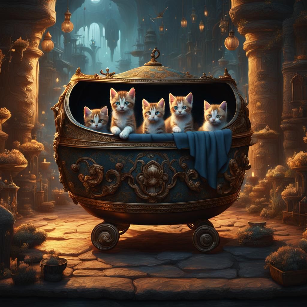 Kittens Overflowing in Bassinet: Detailed Matte Painting