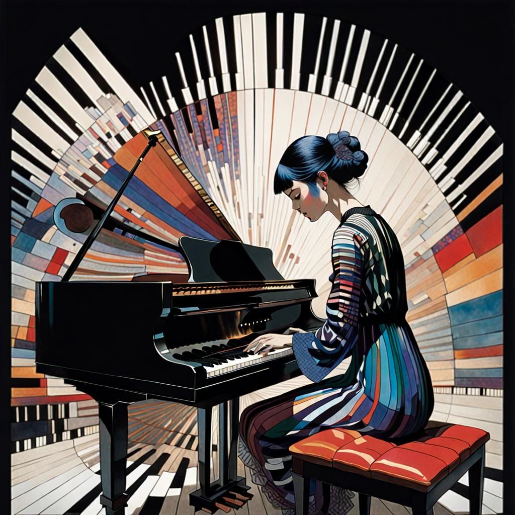 Woman Playing Piano in Abstract Illustration