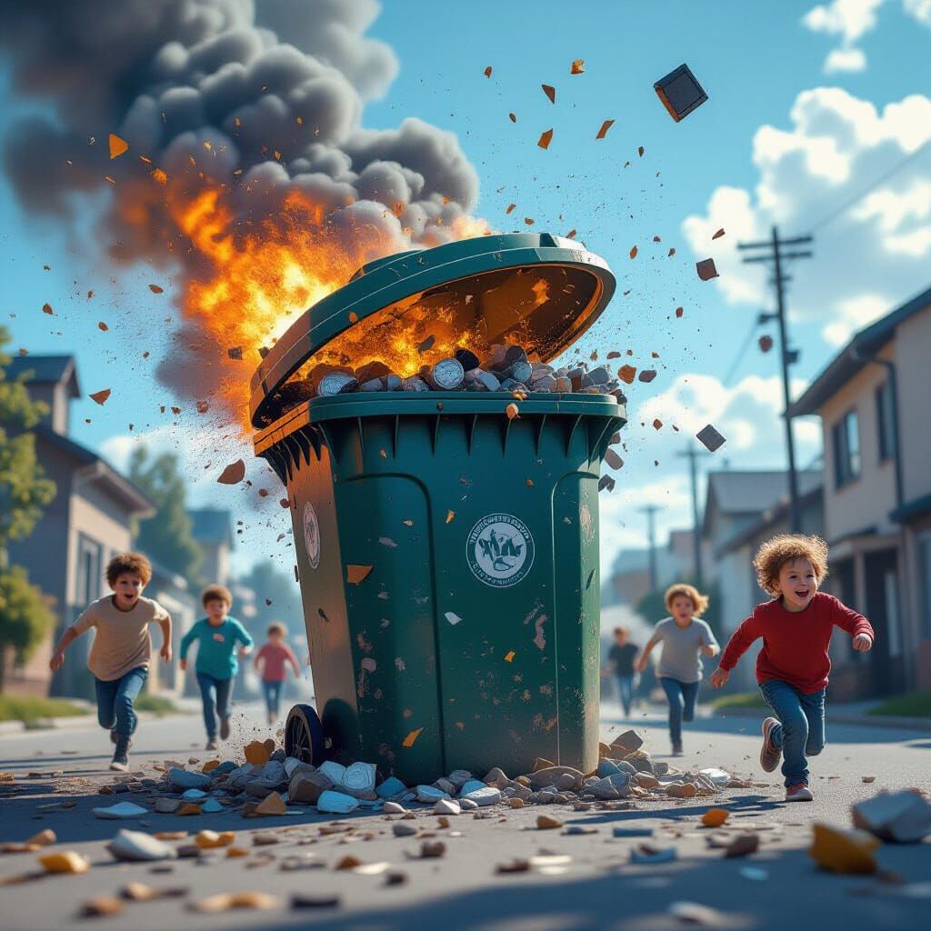 Exploding Trash Can Concept Art with Running Children