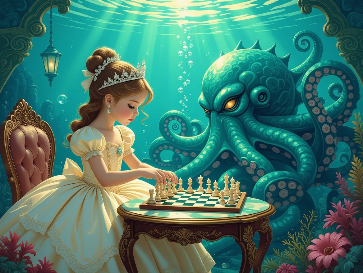 Chess with the Kraken: Opulent Underwater Scene