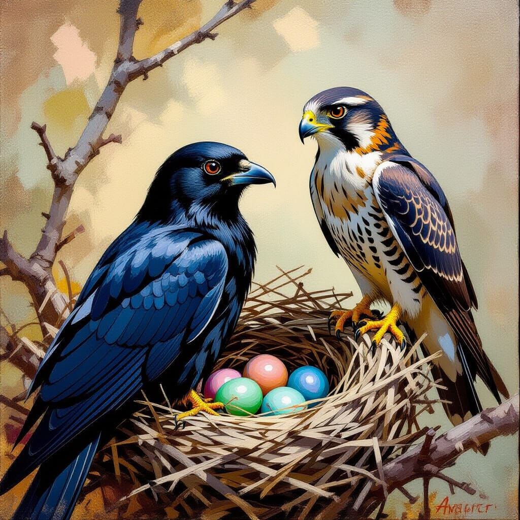 Black Bird and Falcon Nesting Scene as Oil Painting