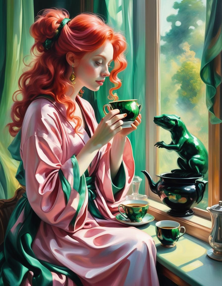 Girl Gazing at Malachite Creature: Impressionistic Oil Paint...