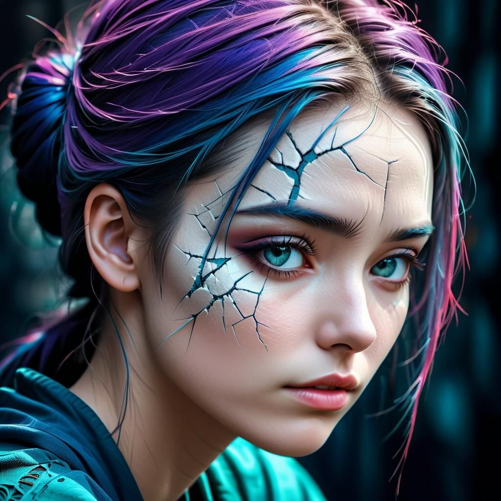 Cracked Porcelain Girl: Hyperrealistic Portrait