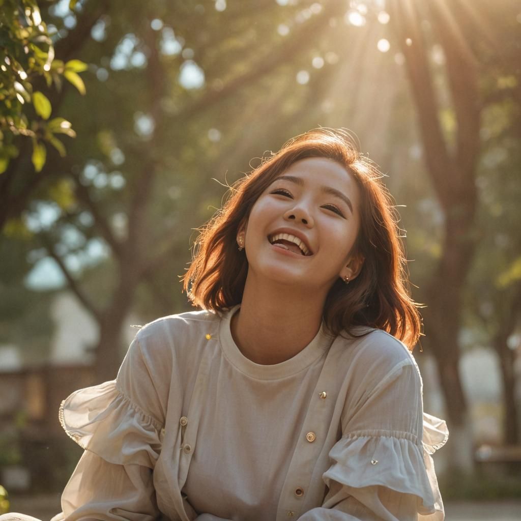 K-Pop Girl Laughing on Cloud in Dreamy Portrait