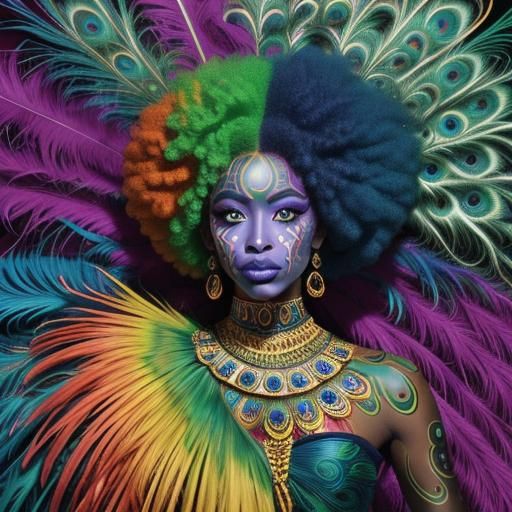 Rainbow Woman with Peacock Feathers in Abstract Expressionis...