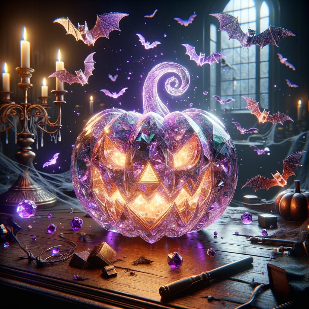 Crystal Jack O' Lantern with Bats in Haunted House