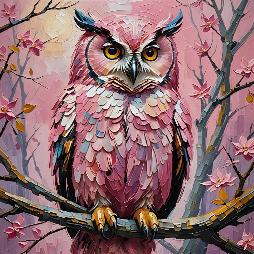 Owl in Pink Dress: Neo-Expressionist Oil Painting