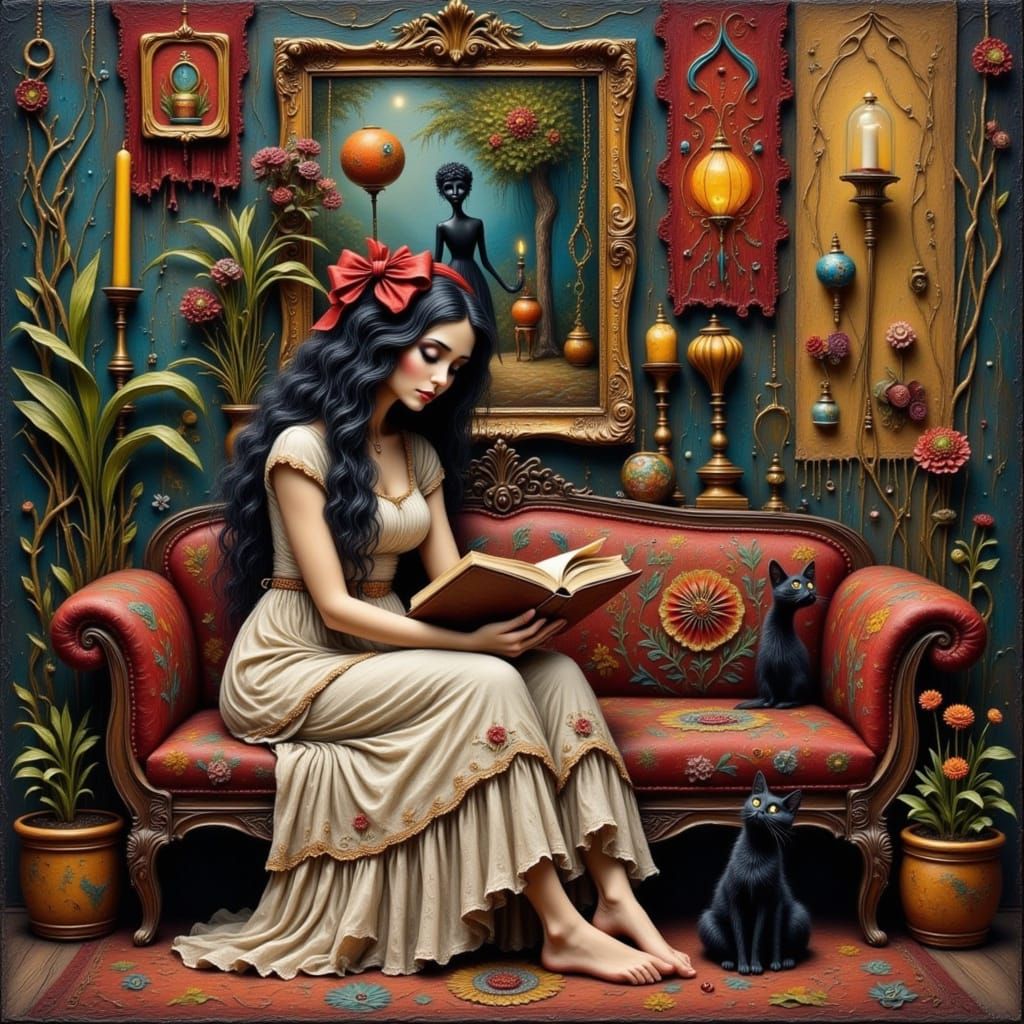 Bohemian Woman Reading on Couch in Folk Art Style