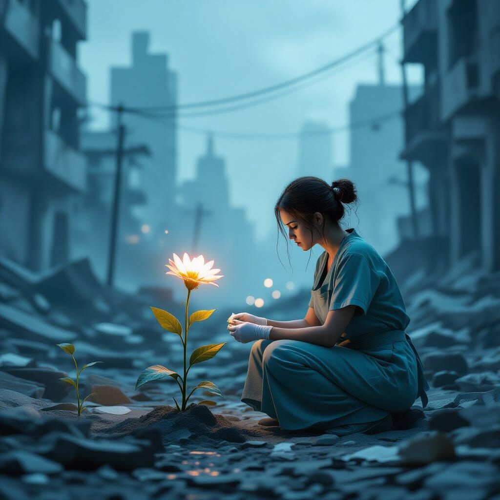 Nurse Tends Glowing Flower in Post-Apocalyptic City