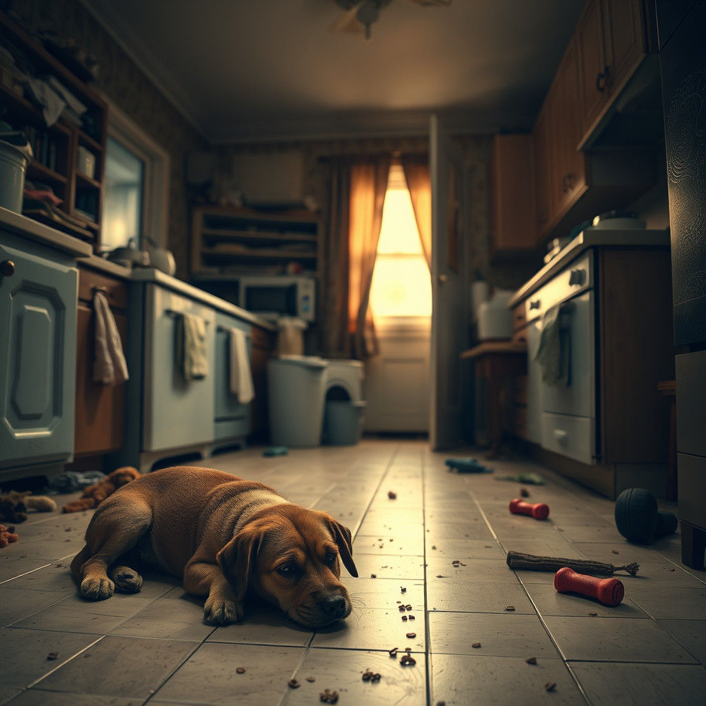 Sad Puppy in Cluttered Kitchen: Hyper-Realistic Photography
