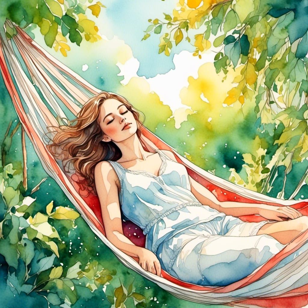Girl in Hammock: Watercolor Dreamscape