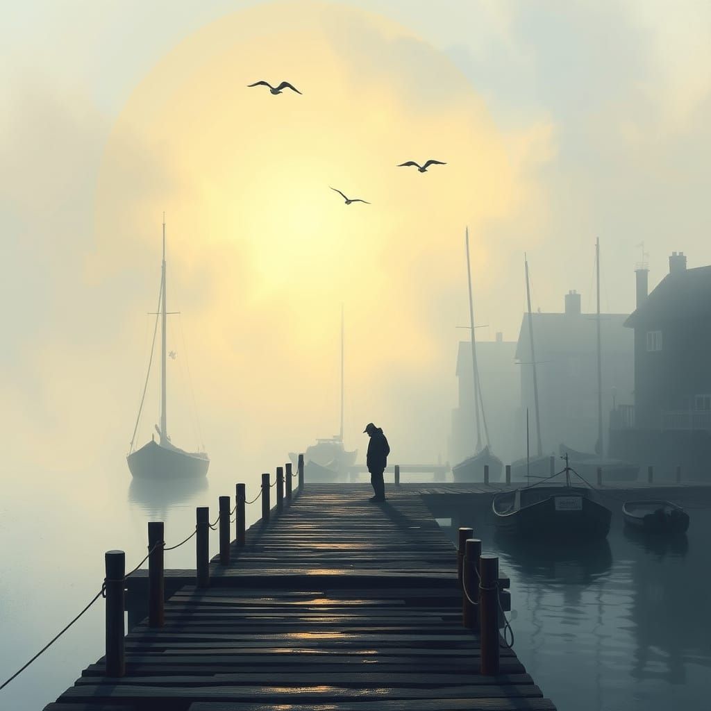 Fisherman on Foggy Pier at Dawn, Painterly Style