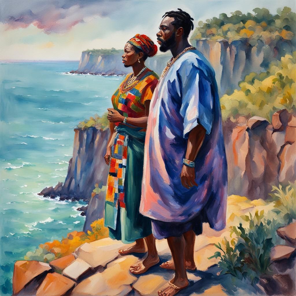 Dashiki Couple Overlooking Sea: Gouache Impressionist Painti...