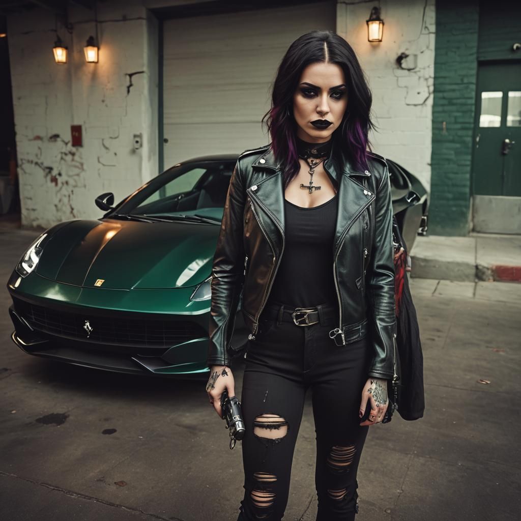 Goth Girl with Supercar in Cinematic Lighting