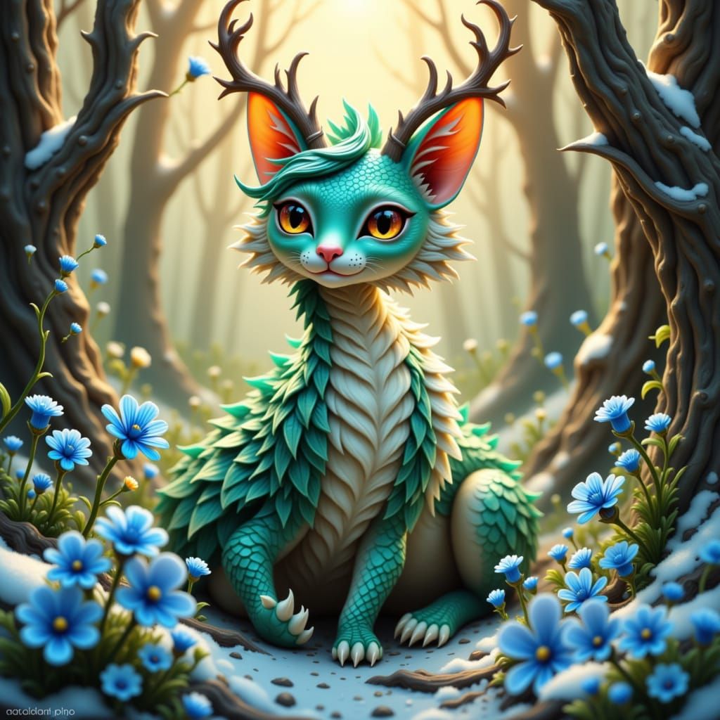 Dragon-Cat Hybrid in Winter Forest, Dreamlike Fantasy Art