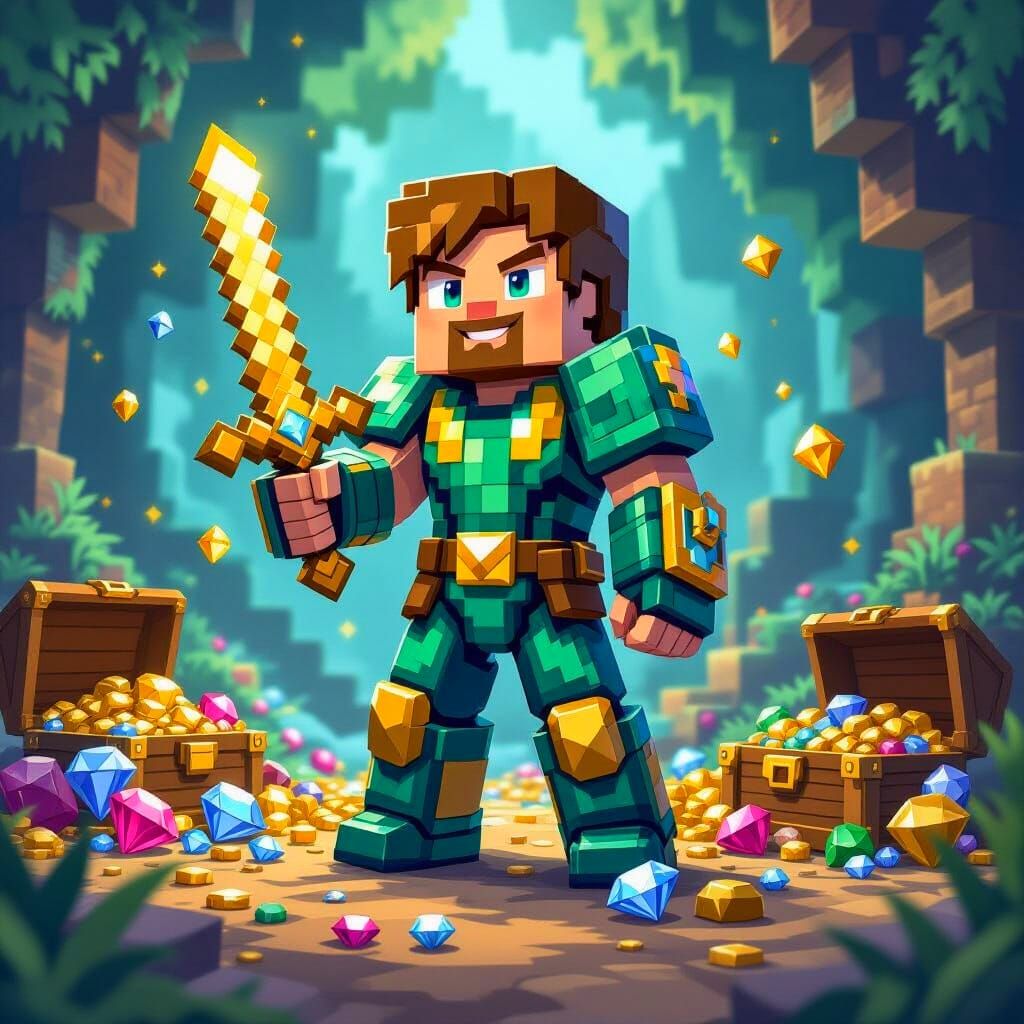 Minecraft Steve Surrounded by Treasures