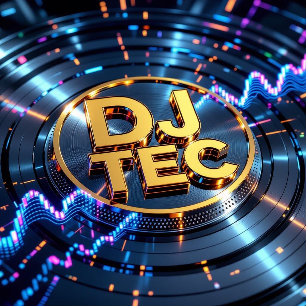 Dj Tec Logo 3D Metal Render with Gold Outline and Sound Wave...