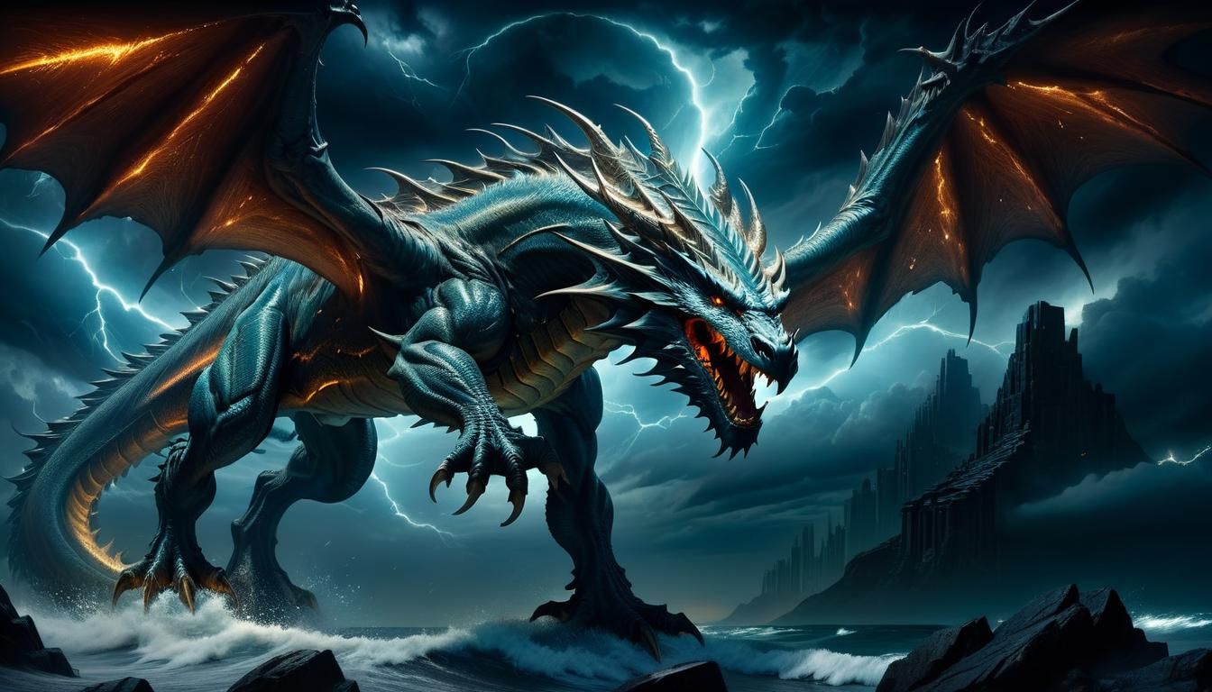 Majestic Dragon Soaring in Stormy Night Sky