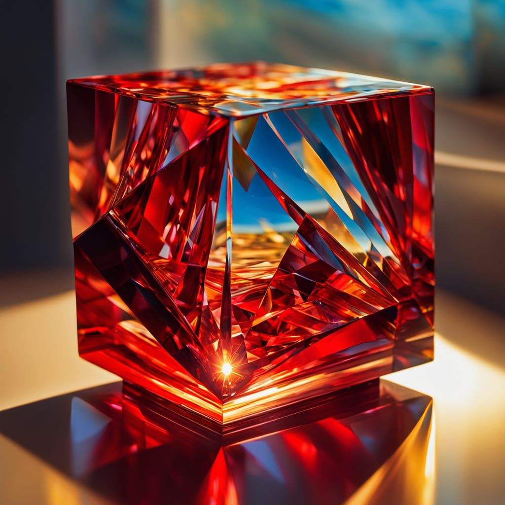 Red Glass Prism Reflects Cut Shapes as Oil Painting