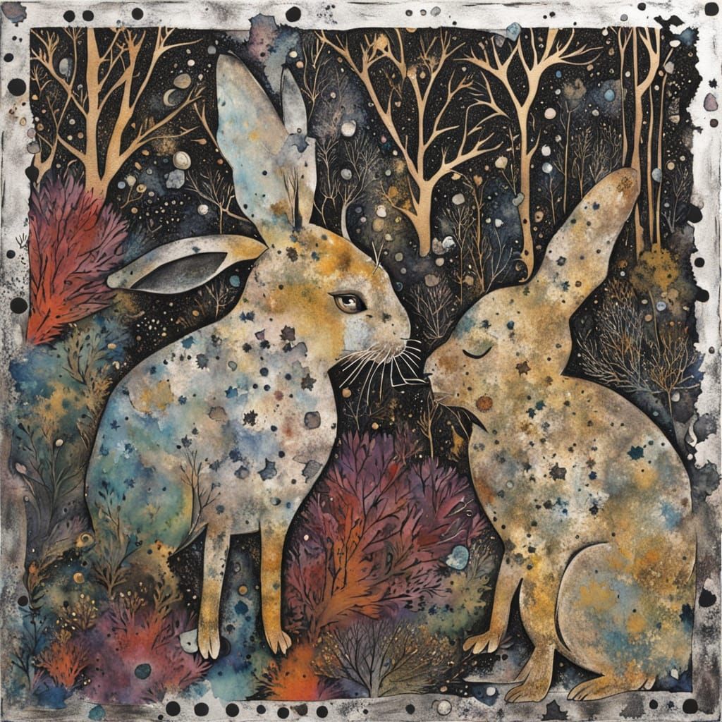 Obsidian Rabbits in Brocade Forest Art Brut Style