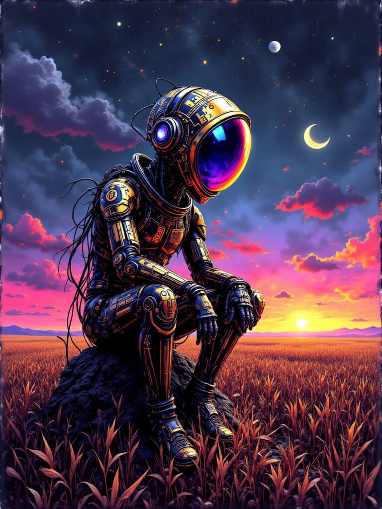 Cybernetic Scarecrow in Neon Landscape, in Cyberpunk Style