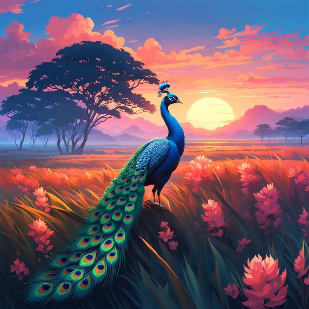 Ethereal Peacock in Indonesian Prairie Twilight