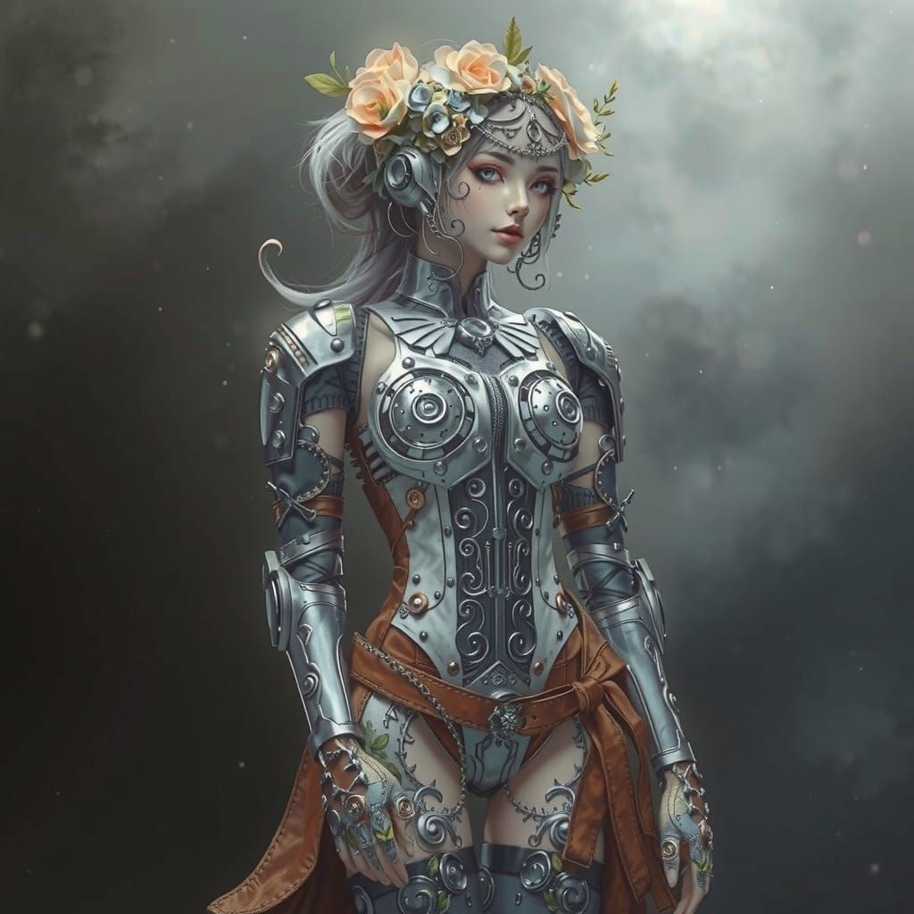 Elegant Steampunk Cyborg with Floral Etchings