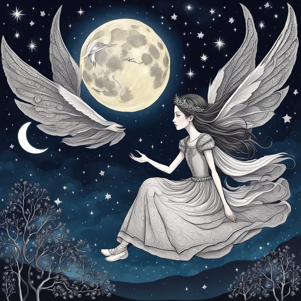 Night Fairy Flying Under the Moon, Alicia Mujica Style