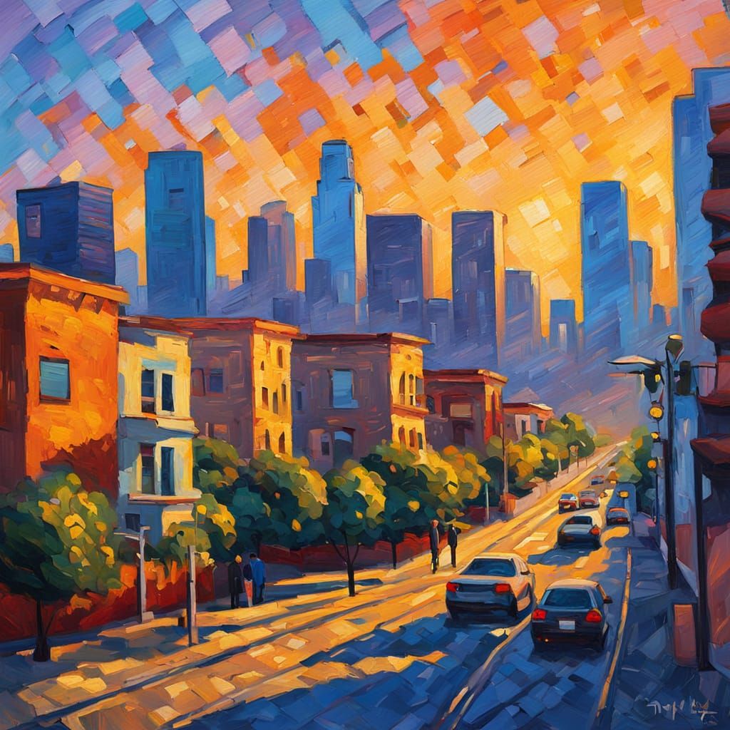 Los Angeles Cityscape in Neo-Impressionist Style