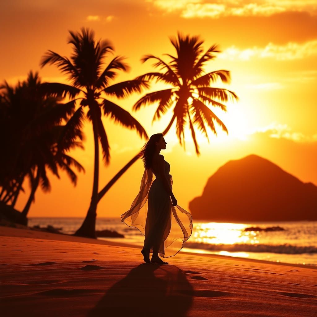 Regal Woman Basks in Sunset Paradise