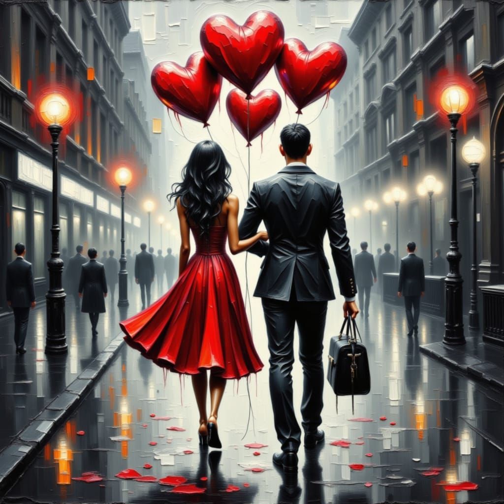 Couple Walking in Rain, Red Accents, Impressionist Painting