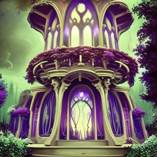 Whimsical purple Gothic Treehouse with Circular windows& ethereal stairway& amethyst clusters everywhere& Blue roses& pu...