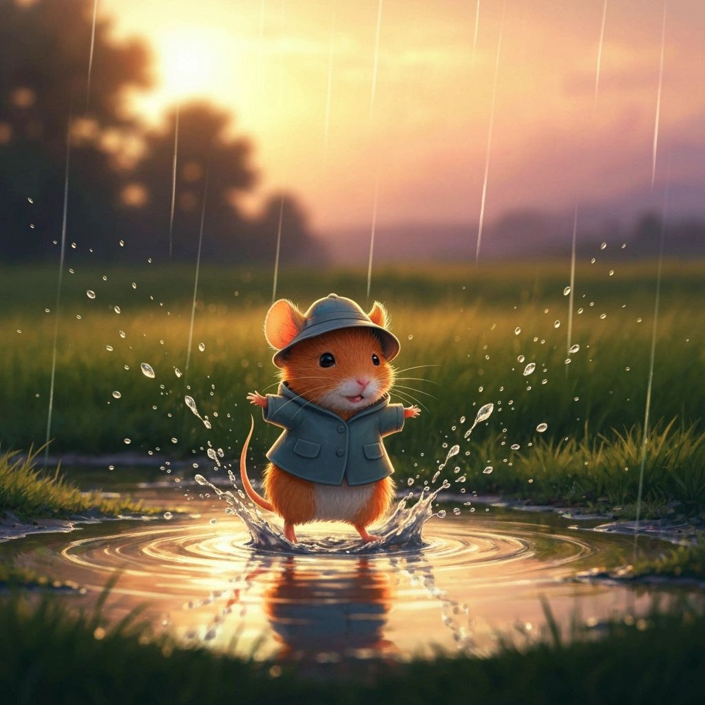 Mouse in Raincoat Splashing: Dreamy Impressionist Illustrati...
