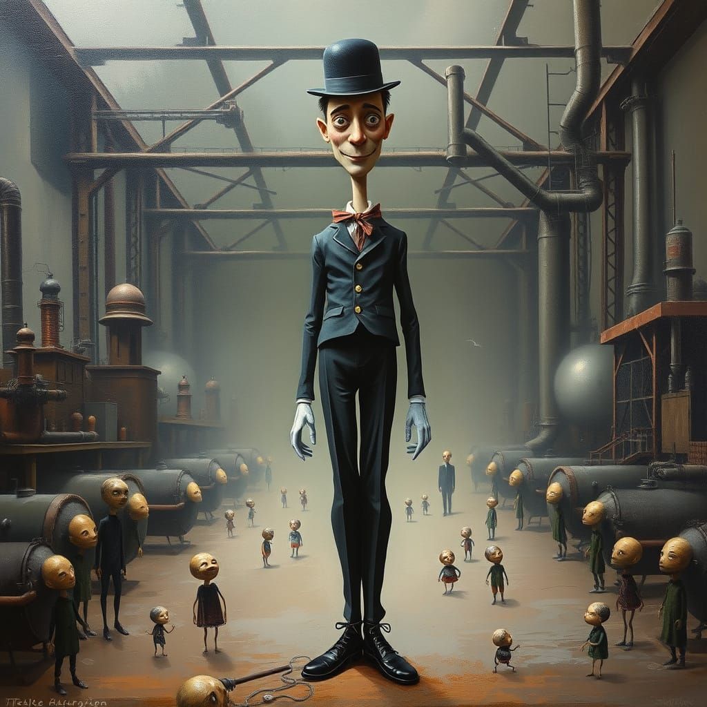 Surreal Oil Painting of Charlie Chaplin in Whimsical Factory