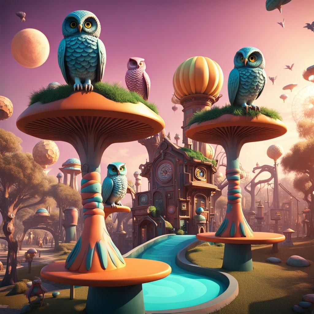 Solarpunk Theme Park with Owls and Magic Toadstools