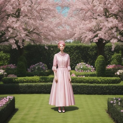 Woman in Pink Silk Dress in Garden