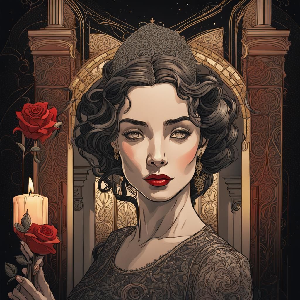 Elegant Art Nouveau Woman with Red Rose