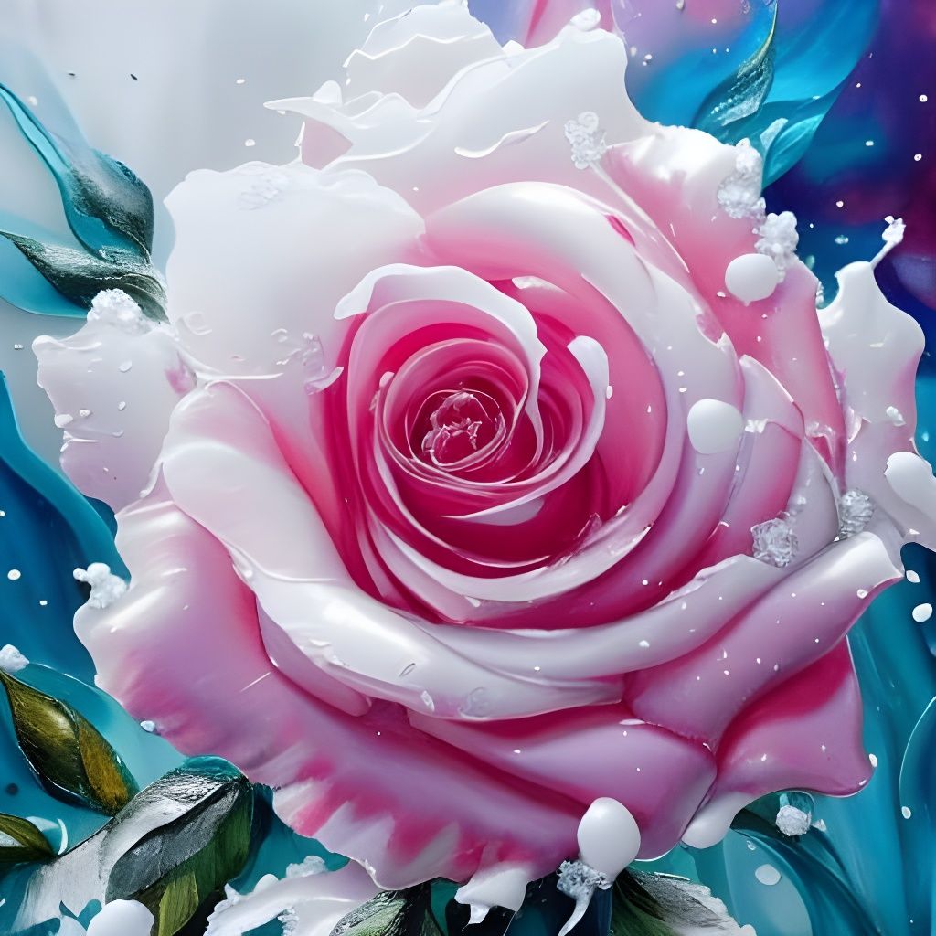 Detailed Ice Rose with Marbling in Gouache Style