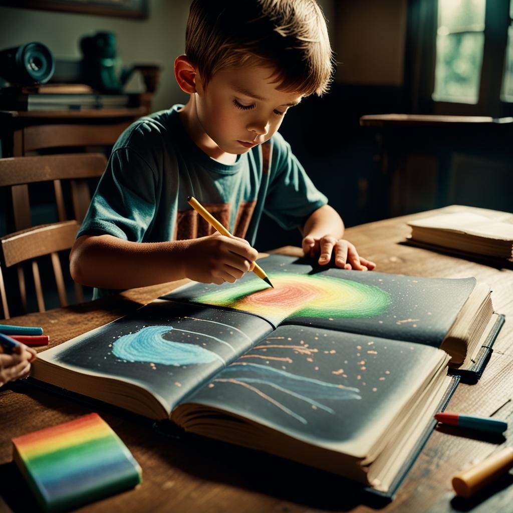 Child's Chalk Drawing in Open Book: Cinematic Still