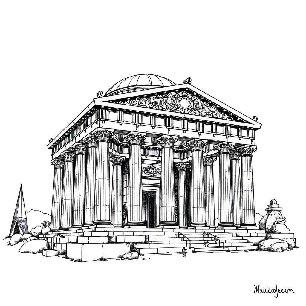 ink drawing of the Mausoleum at Halicarnassus