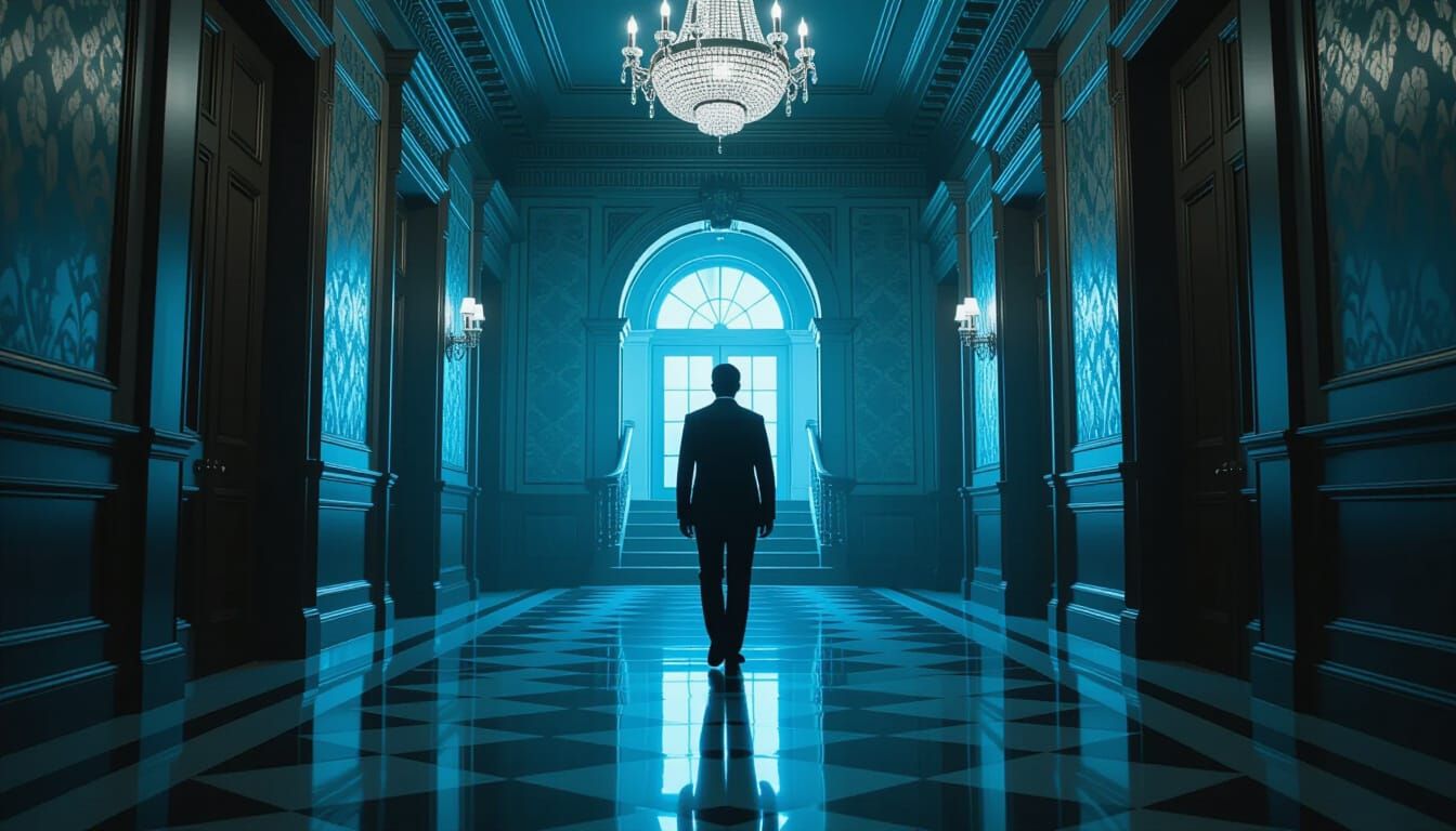 Man Shrinking in Grand Hallway, Cinematic HDR Style