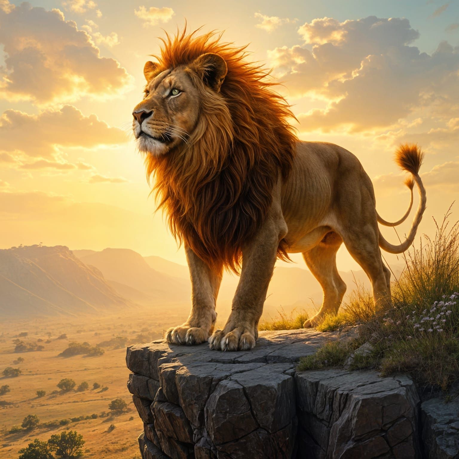 Lion with Flaming Mane Overlooking Savannah