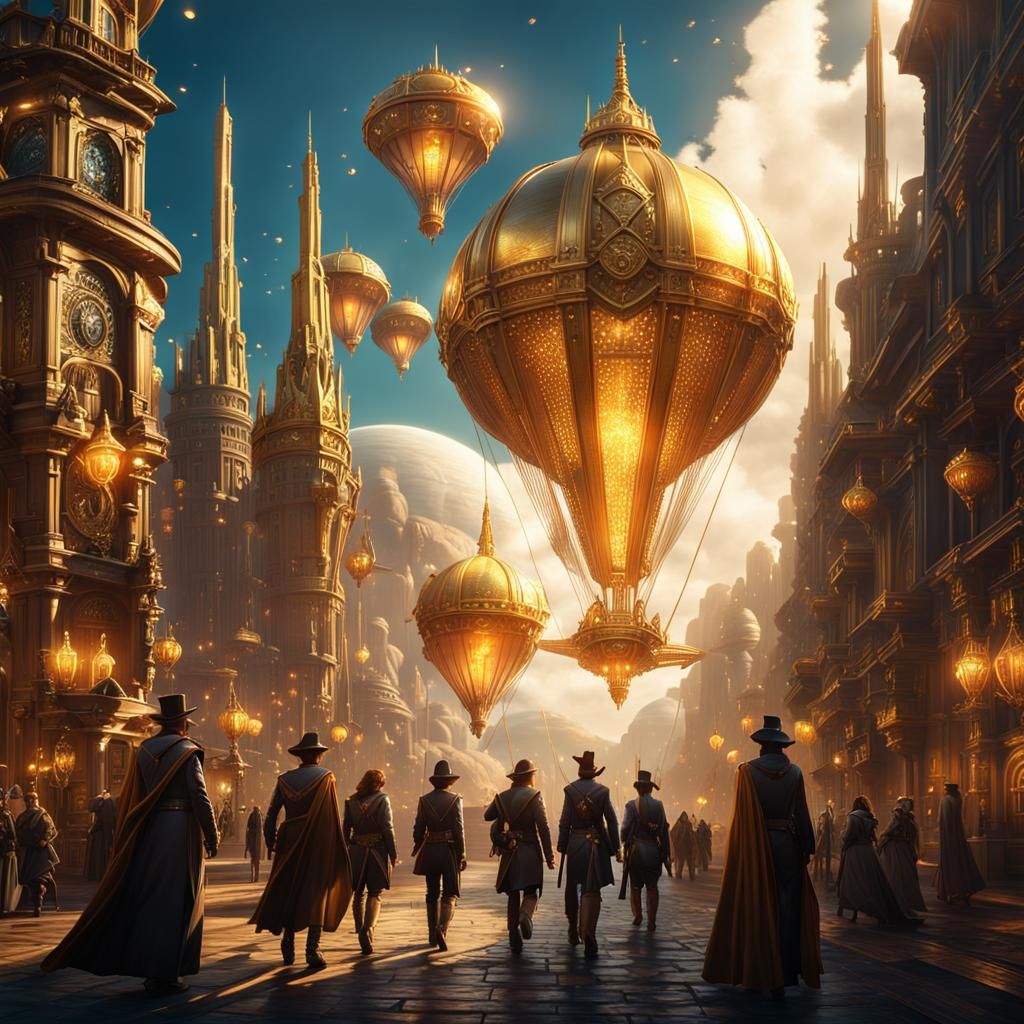 Adventuring Group Enters Shining City, Fantasy Art