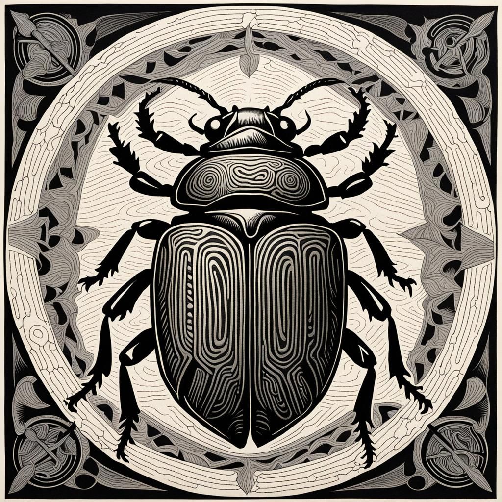 Escher-esque Woodcut of a Carrion Beetle