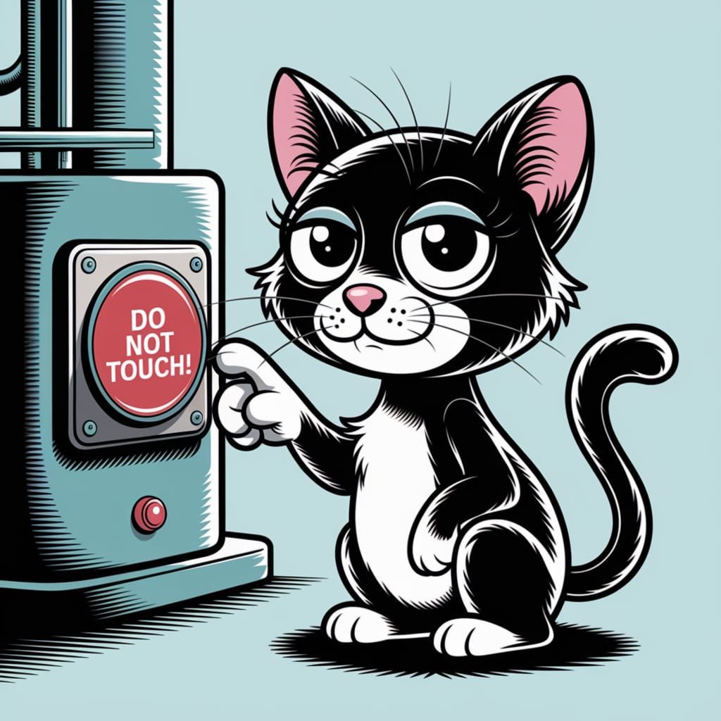 Sleek Black Kawaii Cat Hesitates Before DO NOT TOUCH Button